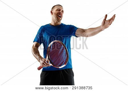 Shot Going Wide. Stressed Tennis Player Arguing With Umpire, Referee, Linesman Or Service Judge At C