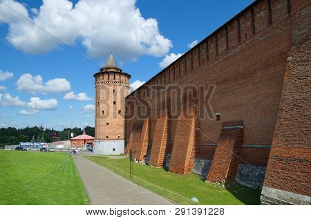 Kolomna, Russia - August 17, 2018: View Of The Fragment Of The Wall Of The Kolomna Kremlin And The M