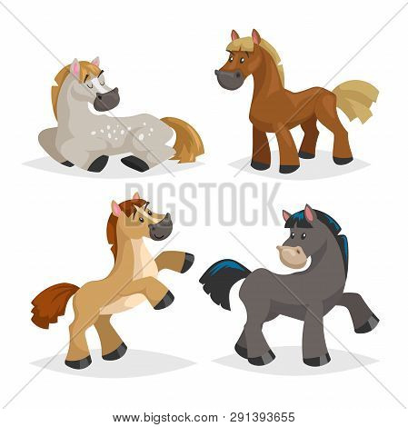 Cute Horses In Various Poses. Cartoon Style Farm Animals. Different Colors And Breeds. Slleeping, St