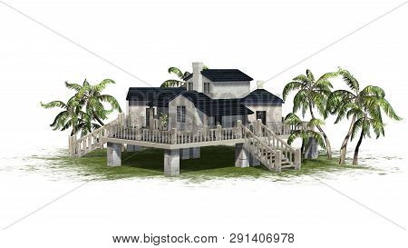 Deckhouse With Palm Trees On A Green Area - Isolated On White Background - 3d Illustration