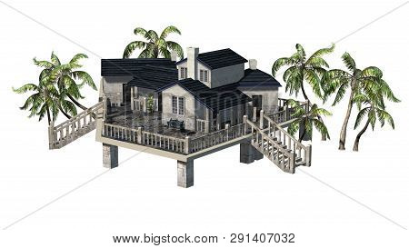 Deckhouse With Palm Trees On A Green Area - Isolated On White Background - 3d Illustration