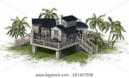 Deckhouse With Palm Trees On A Green Area - Isolated On White Background - 3d Illustration