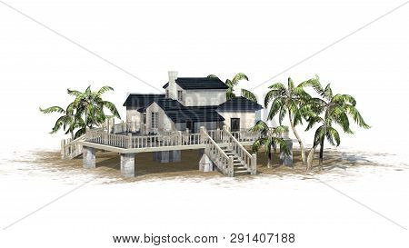 Deckhouse With Palm Trees On A Sand Area - Isolated On White Background - 3d Illustration