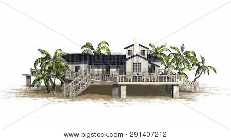 Deckhouse With Palm Trees On A Sand Area - Isolated On White Background - 3d Illustration
