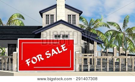 Deckhouse With Palm Trees And For Sale Billboard - Isolated On Sky Background - 3d Illustration