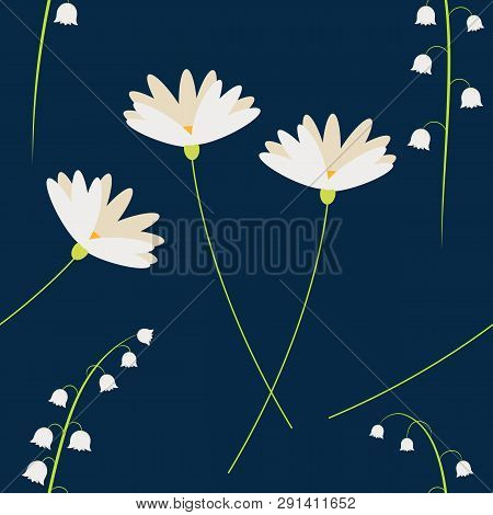 Vector Cartoon Flowers. Chamomiles And Lily Of The Valley. Seamless Floral Pattern. Fashion Style Fo