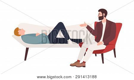 Man Lying On Coach And Male Psychologist, Psychoanalyst Or Psychotherapist Sitting Beside And Provid