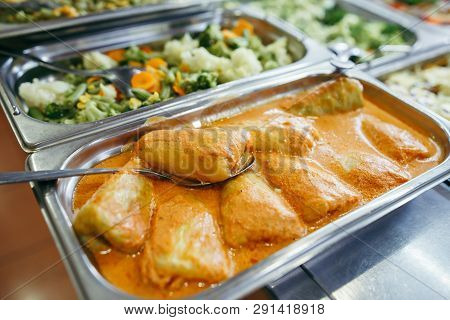 Stuffed Cabbage, Meat With Rice And Onions, Wrapped In A Cabbage Leaf In An Iron Tray