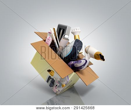 Concept Of Product Categories Small Household Appliances In The Box 3d Render On Grey Background