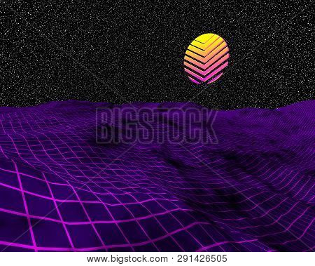 Landscape With Mountains And Sky, 1980s Style Coiors Background, Sun, Starry Night
