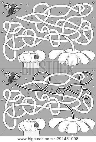 Ladybug Flying To Flower Bed Maze For Kids With A Solution In Black And White