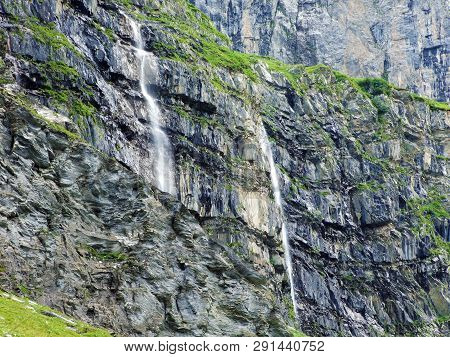 Nameless Waterfalls Under The Alpine Peaks Glarner Vorab And Bünder Vorab In The Valley Of Im Loch -