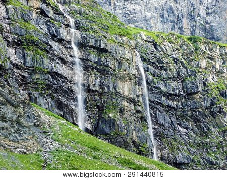 Nameless Waterfalls Under The Alpine Peaks Glarner Vorab And Bünder Vorab In The Valley Of Im Loch -