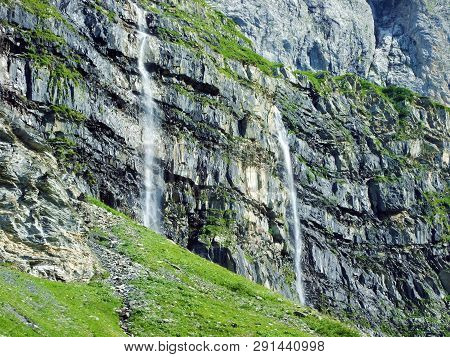 Nameless Waterfalls Under The Alpine Peaks Glarner Vorab And Bünder Vorab In The Valley Of Im Loch -