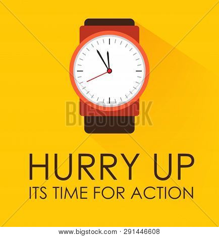 Hurry Up, Its Time For Action Concept. Stopwatch Clock Ticking On Yellow Background.
