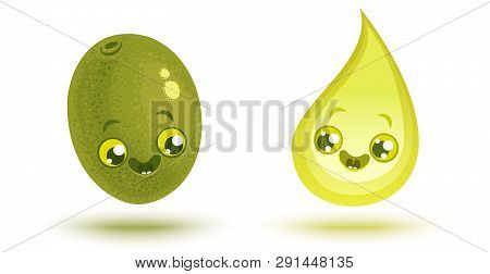 Vector Illustration Of Cute Olve And Oil Drop In Kawaii Style. Cute Foods