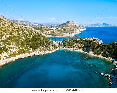 Ladiko Beach And Anthony Quinn Bay Aerial Panoramic View In Rhodes Island In Greece