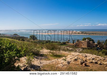 Rugged Coastline Of The Atlantic Ocean. Green Country And Small Islands. Horizon Of The Ocean. Blue 