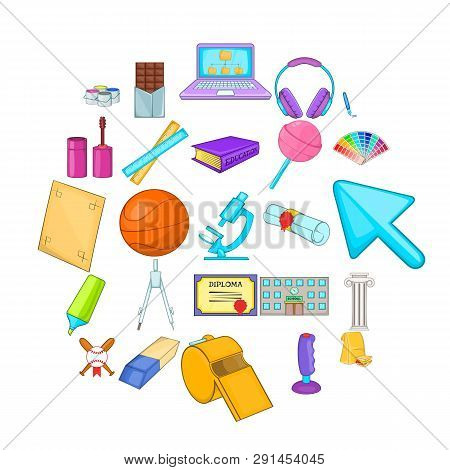 Scholastic Icons Set. Cartoon Set Of 25 Scholastic Icons For Web Isolated On White Background