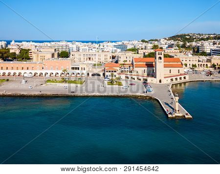 Colossus Of Rhodes And Evangelismos Church Or Ekklisia Evaggelismos Aerial Panoramic View In Rhodes 