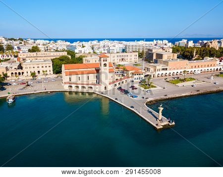 Colossus Of Rhodes And Evangelismos Church Or Ekklisia Evaggelismos Aerial Panoramic View In Rhodes 