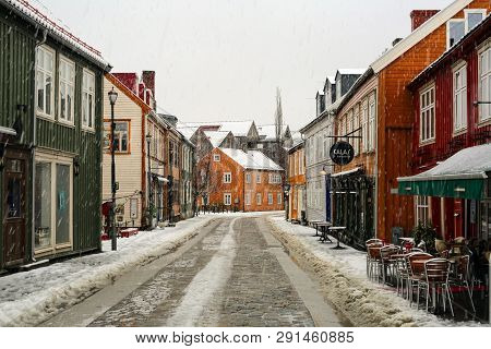 Trondheim, Norway 03/24/2019 : Bakklandet -popular Area For Tourister In The Norwegian City Trondhei