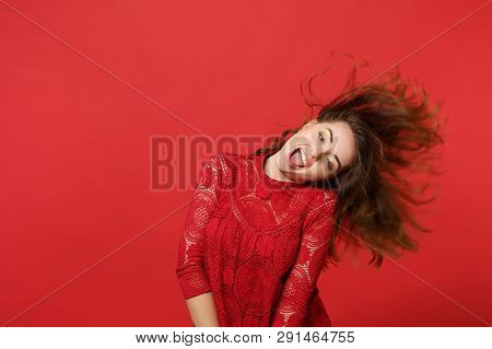 Cheerful Young Woman With Flying Hair In Lace Dress Keeping Mouth Open, Fooling Around Isolated On B