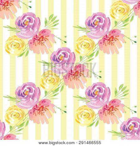 Hand-painted Watercolor Floral Rose Pattern. Illustration Of Decorative Floral Design For Wedding In