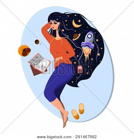 The Girl Lies On The Rug With Her Eyes Closed And Listens To An Audiobook In The Player. Illustratio