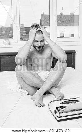 Writer Tired Desperate Author Used Old Typewriter. Man Writer Sit Bedclothes Work Book. Need Some Fr
