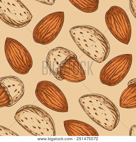 Seamless Pattern With Shelled And Unshelled Almond Isolated On Beige Background