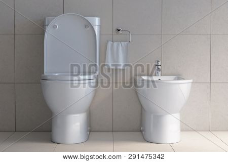 Toilet bowl and bidet in the modern bathroom. 3d illustration