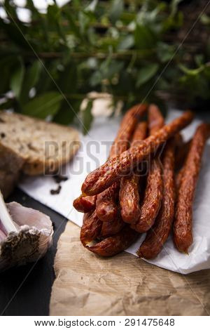 Dry Sausage. Smoked Sausages. Country Sausage, Homemade Sausage.