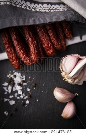 Dry Sausage. Smoked Sausages. Country Sausage, Homemade Sausage.