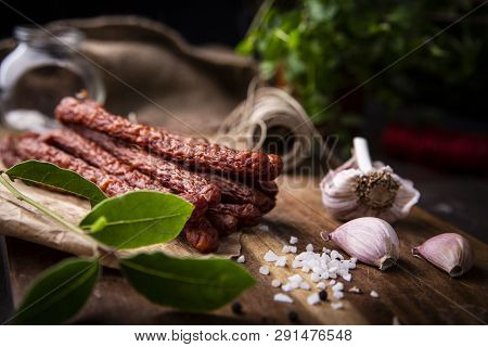 Dry Sausage. Smoked Sausages. Country Sausage, Homemade Sausage.