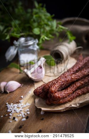 Dry Sausage. Smoked Sausages. Country Sausage, Homemade Sausage.
