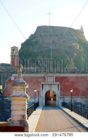 Main Entrance To The Old Fortress From Spianada Square In Corfu Town, Greece