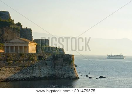 View Of The Bay And Old Fortress From The Spianada Square In Corfu Town, Greece