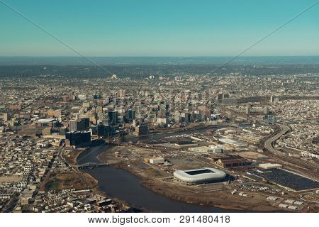 Newark downtown viewed from air in New Jersey.
