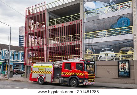 Christchurch, New Zealand - January 20, 2010: Facade of Manchester Street car park with murals by Chris Finlayson and Dean Blundell now demolished due to city development