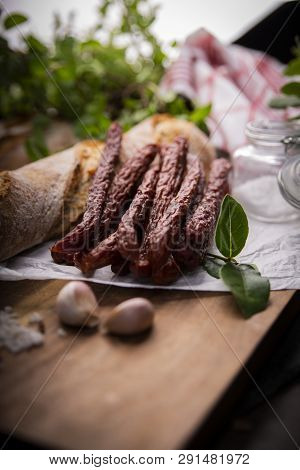 Dry Sausage. Smoked Sausages. Country Sausage, Homemade Sausage.
