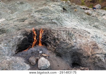 Flames of Chimera Mount from the underground. Fire from the natural gas in the rocks in Cirali, Turkey.