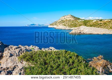 Ladiko Beach And Anthony Quinn Bay Aerial Panoramic View In Rhodes Island In Greece