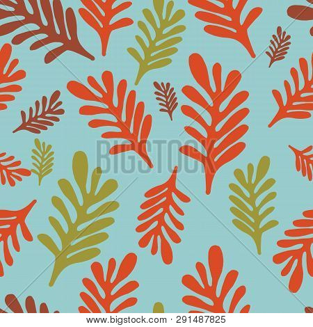 Organic Abstract Modern Red Maroon And Mustard Leaves On Blue Background Seameless Pattern.