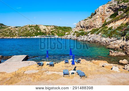 Ladiko Beach And Anthony Quinn Bay Aerial Panoramic View In Rhodes Island In Greece