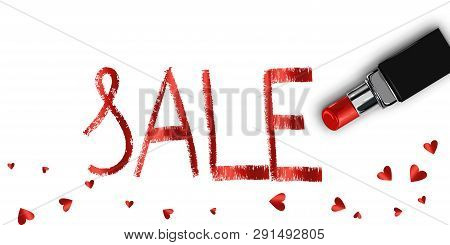 Realistic Lipstick Love Sale Vector Design. Woman Decoration Elegant Fashion Store. Online Ladies Sh