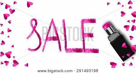 Realistic Lipstick Love Sale Vector Design. Woman Decoration Elegant Fashion Store. Online Ladies Sh