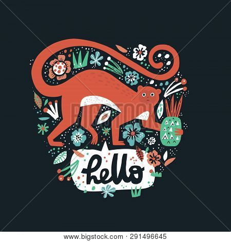Monkey Cartoon Hand Drawn Illustration. Hello Lettering In Speech Bubble. Wild Rainforest Animal Vec