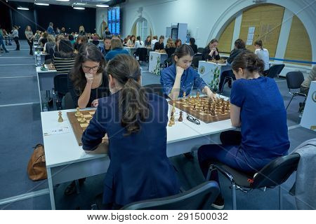 ST. PETERSBURG, RUSSIA - DECEMBER 29, 2018: Women compete in King Salman World Blitz Chess Championship 2018. The tournament is held in Exhibition Hall Manege