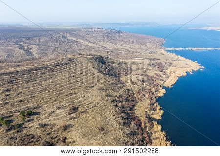 Beautiful Landscape From Above In Haze. Сoast Of The Khadzhibey Estuary In Early Spring From A Bird'